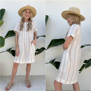 Faherty Gemina 100% Linen Dress SM Vallerta Stripe Pullover Casual Dress Pockets